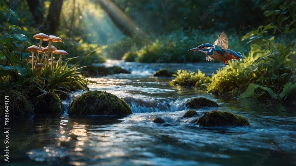 Fototapeta premium Kingfisher flying over a serene stream surrounded by lush greenery and mushrooms under soft sunlight
