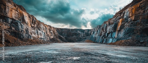 Open Quarry Landscape with Dramatic Clouds and Stone Walls