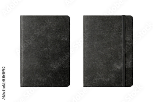 A set of two black notebooks, one open and the other closed, against a black backdrop