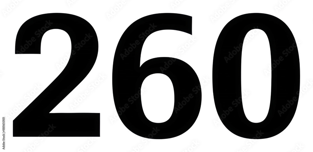 Dynamic number 260 displayed on wall in urban environment isolated on transparent background