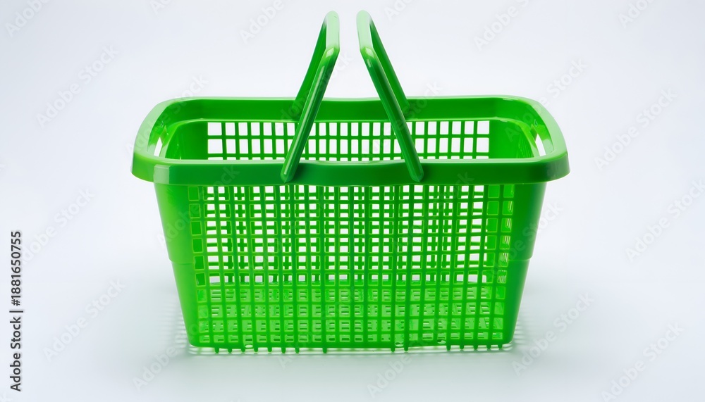 Fototapeta premium Green plastic shopping basket, rectangular shape, with handle raised, white background