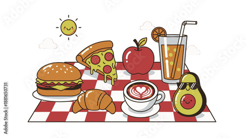 A vibrant picnic scene with food and drinks on a checkered blanket outdoors on a sunny day from a birds eye view