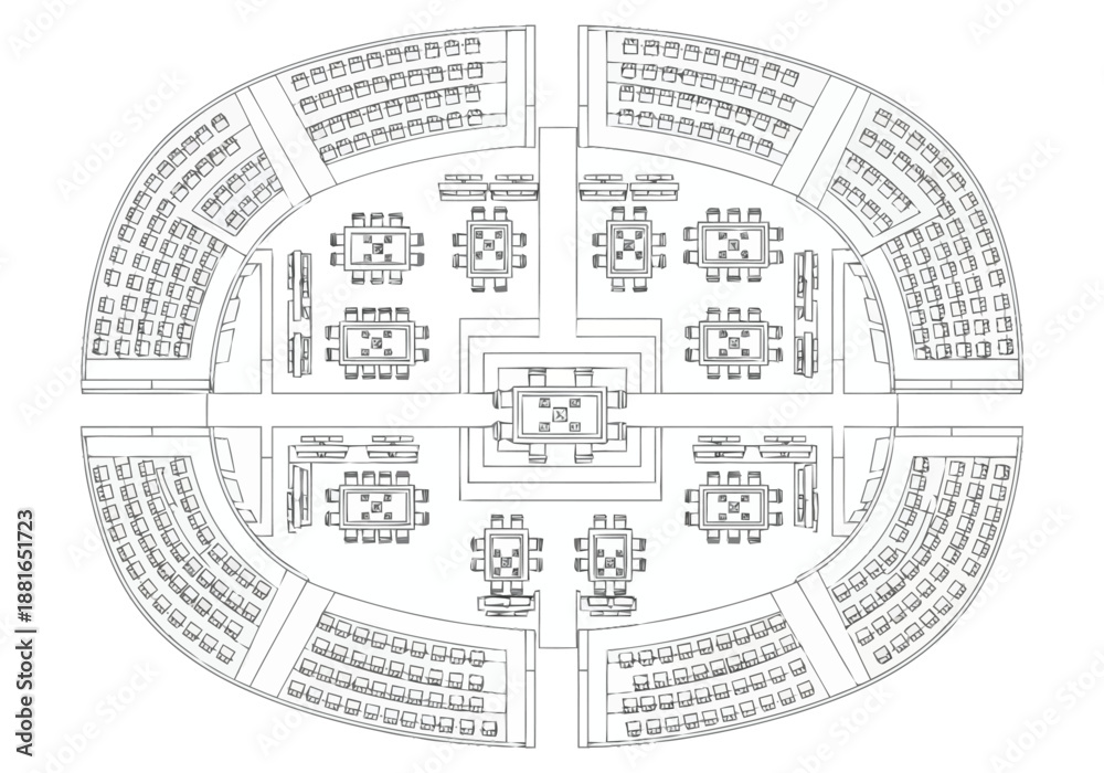 Obraz premium Top View Of An Oval Shaped Conference Hall Setting With Rows Of Chairs And Rectangular Tables Arranged For A Formal Event layout architecture icons