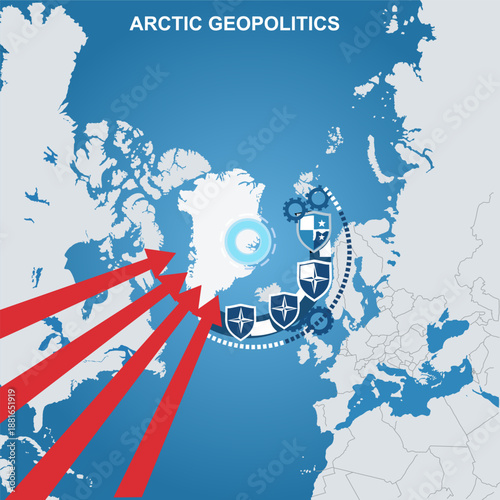 Editorial Arctic map, Greenland center, influence arrows, defense barrier. Flat vector infographic style for geopolitical news and strategic defense analysis