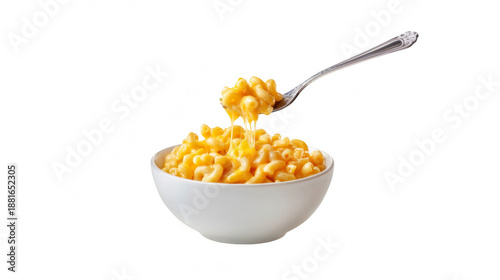 Creamy macaroni and cheese being scooped from a white bowl, showing delicious melted cheese pull