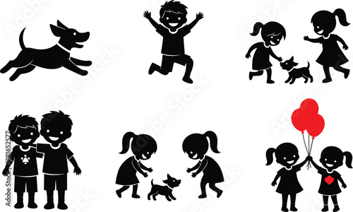 Black Silhouette Set of Happy Children Playing with Dogs and Red Balloons Including a Little Boy Jumping and Girls Hugging Isolated on White Background for Design