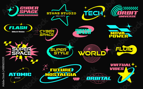 A vibrant Y2K modern sticker and graphic pack featuring cyber retro logos, space tech icons, futuristic badges, and neon-style motifs.
Perfect for digital projects, UI/UX accents, social media sticker