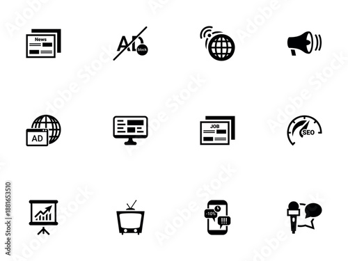 Collection of Black Icons Representing Media and Digital Marketing