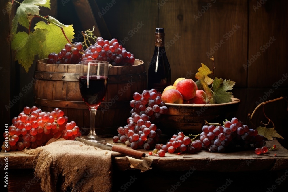 Obraz premium Rustic wooden table overflowing with freshly picked grapes countryside outdoors beverage.