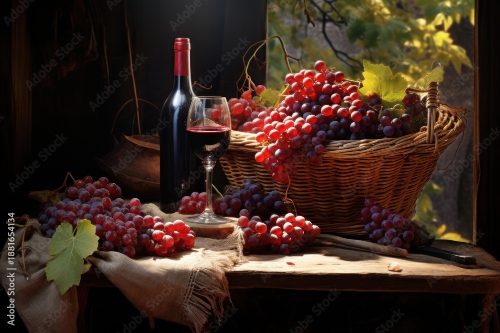 Naklejka premium Rustic wooden table overflowing with freshly picked grapes countryside accessories accessory.