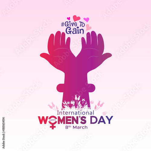 Theme concept of women empowerment. International Women's Day 2026 give to gain campaign design. Female sign with begging hands and hearts on hot pink background.