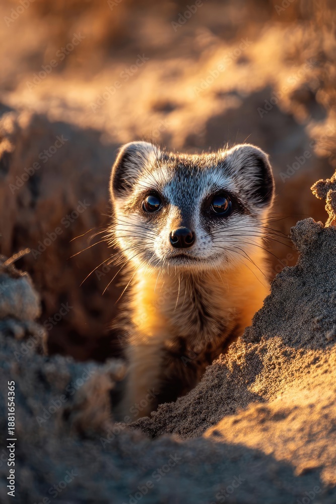 Fototapeta premium A meerkat peeking out of its sandy burrow in a desert at sunset. Concept Meerkat, Desert Burrow, Sunset Glow, Sandy Textures, Wildlife Moment