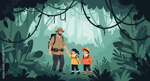 Father or guide leads two young children on an exciting adventure expedition, walking hand-in-hand through a dense jungle.
