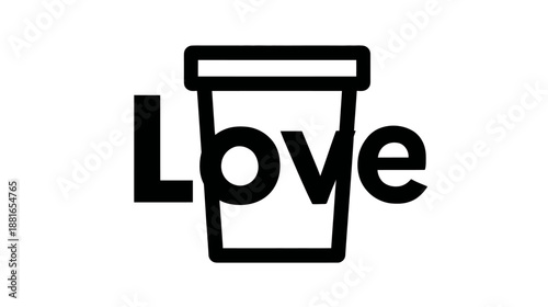 Minimalist 'Love' text with stylized coffee cup icon. Black and white graphic design for beverage affection concept.