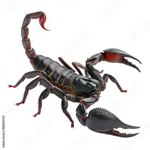 Detailed black scorpion with stinger and pincers, isolated on transparent background