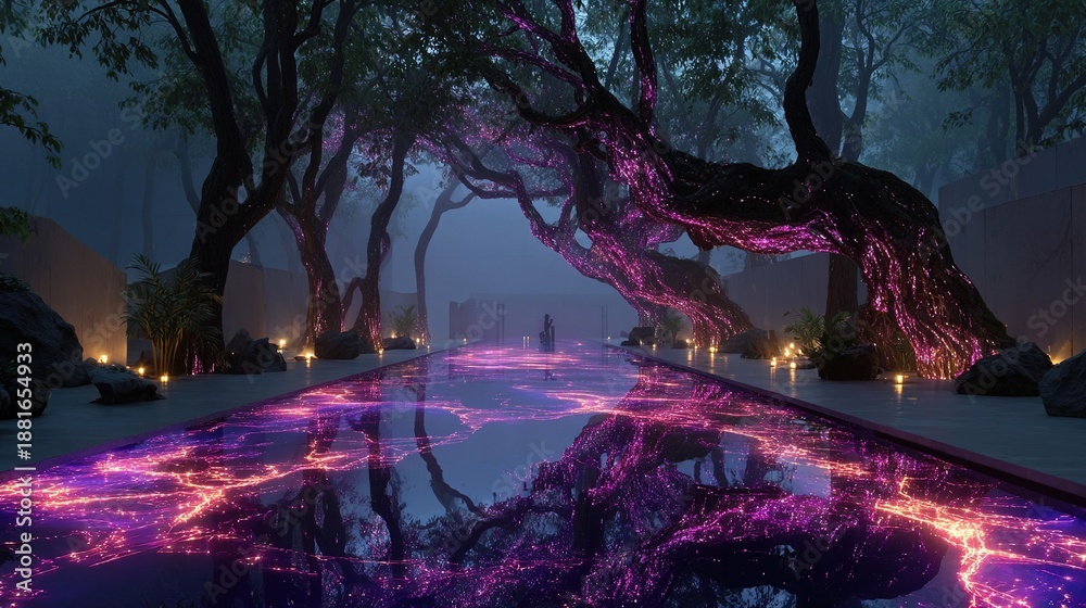 Fototapeta premium A futuristic urban park landscape at dusk, where massive tree roots intertwine with luminous fiberglass, and neon lighting seamlessly blends digital organicism with advanced technology.