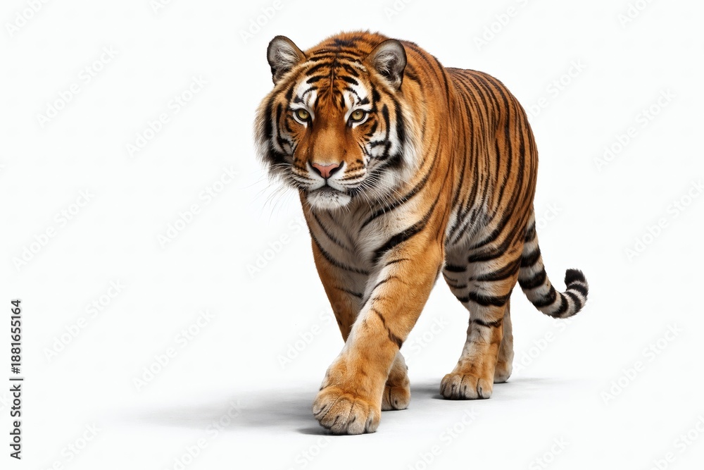 Fototapeta premium Bengal Tiger Isolated on White Background Walking Slowly, Photorealistic Wildlife with Elegant Posture