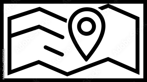 Map with Location Pin Icon. Black and white vector graphic for navigation, travel, GPS, destination, and discovery concept.