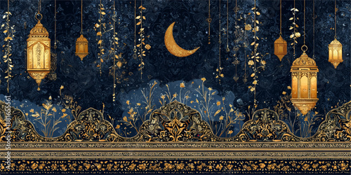 Ornate blue wallpaper with golden lanterns and moon