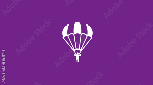 Simple graphic icon of a person parachuting, skydiving with an open parachute against a solid purple background. Adventure sports concept.
