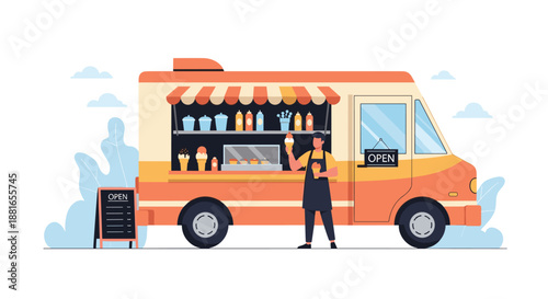 Friendly vendor sells delicious ice cream cones from a cheerful, brightly colored food truck with an open for business sign.