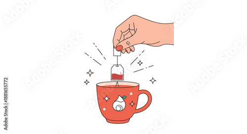 Hand dipping a tea bag into a decorated red mug to brew a warm and comforting cup of tea, with sparkles for effect.