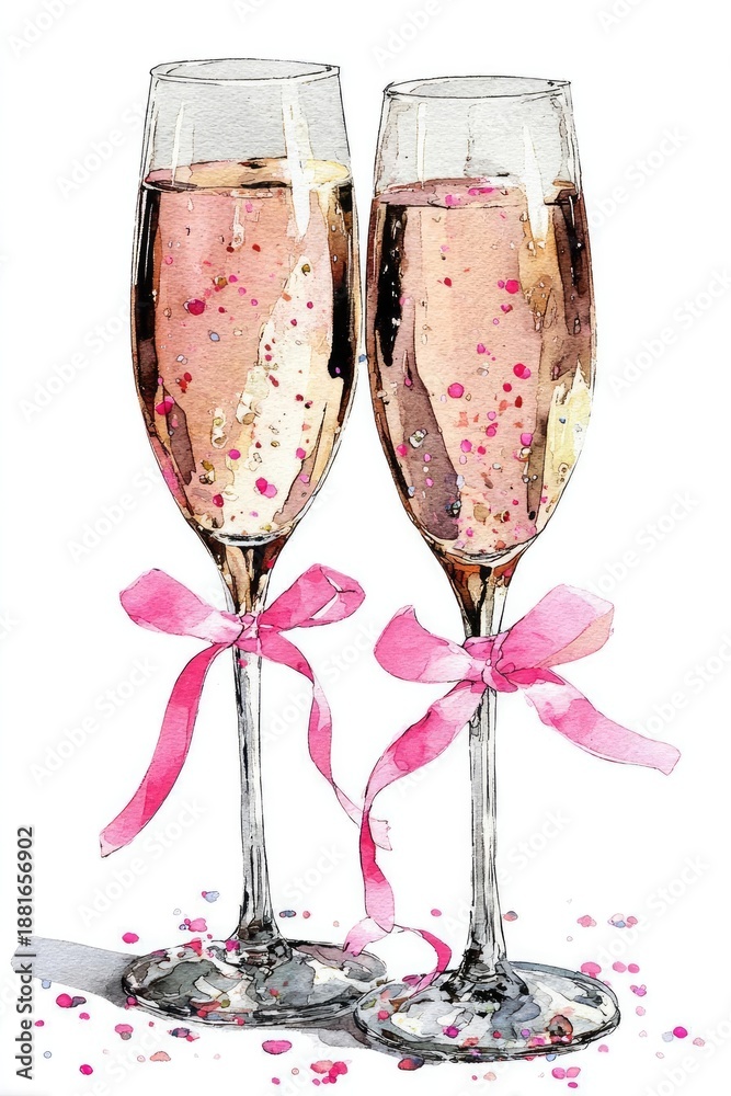 Obraz premium Two champagne flutes filled with pink bubbly, tied with pink ribbons, sprinkled with confetti for a celebration. Concept Champagne flutes, pink bubbly, pink ribbons, confetti, celebration