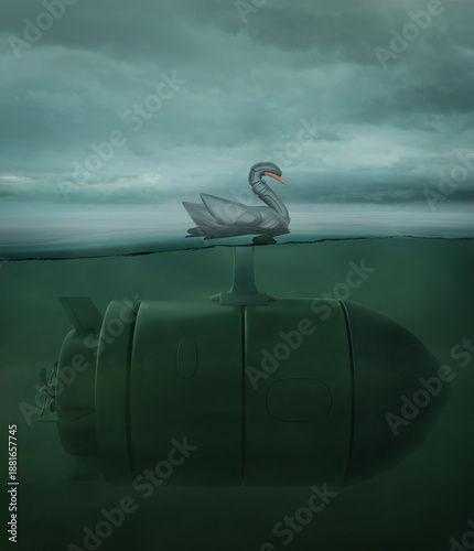 Surreal 3d illustration. Robot swan on water surface with nautical torpedo underwater. Concept design sea drone in futuristic sci fi style.