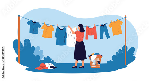 Woman hangs freshly washed laundry on a clothesline to dry in the sun, doing a common household chore in the backyard.