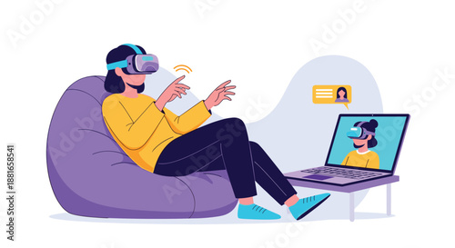 Woman wearing a VR headset interacts with another person in the metaverse, with their avatars visible on a nearby laptop screen.