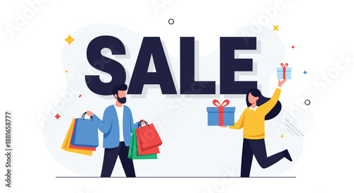 Happy couple shopping during a big sale event, with the man holding many shopping bags and the woman holding a gift box.