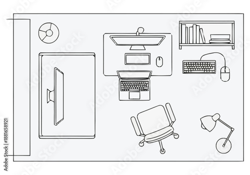 Modern Home Office Workspace Setup With Desktop Computer Laptop And Bookshelf Seen From Directly Above Isolated On White Background layout