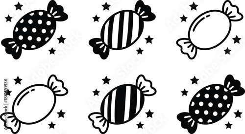 Candy icon set, black silhouette illustrations, polka dot, stripe, plain wrapper patterns, festive theme, vector graphics, sweet design