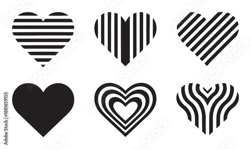Set of six stylized black and white hearts