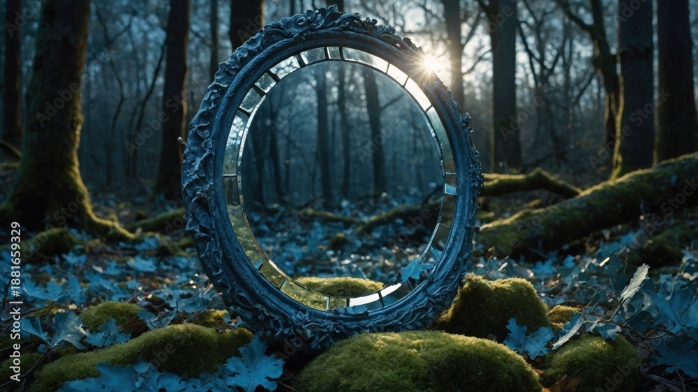 Fototapeta premium Enchanted forest scene featuring an ornate mirror reflecting sunlight amidst moss-covered rocks