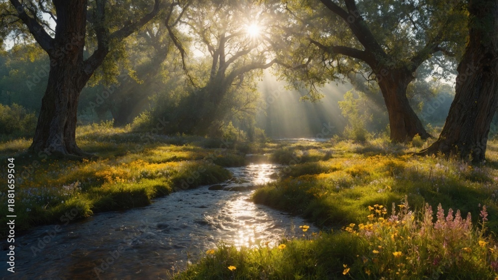 Obraz premium Serene morning light filtering through trees over a tranquil stream in a lush green meadow