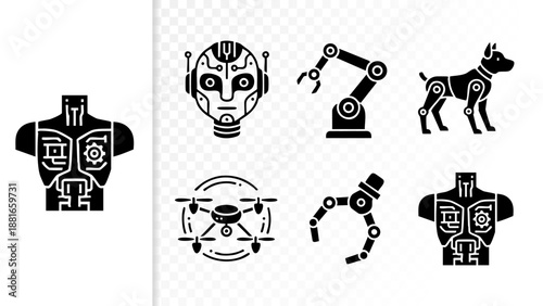 Set of 6 Minimal Advanced Robotics Icons Isolated White Background Humanoid Arm Drone