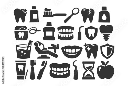 Dental care icons set: toothbrush, toothpaste, floss, mouthwash, dental tools.