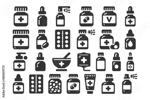Various medicine icons including pills, bottles, and droppers for healthcare design.