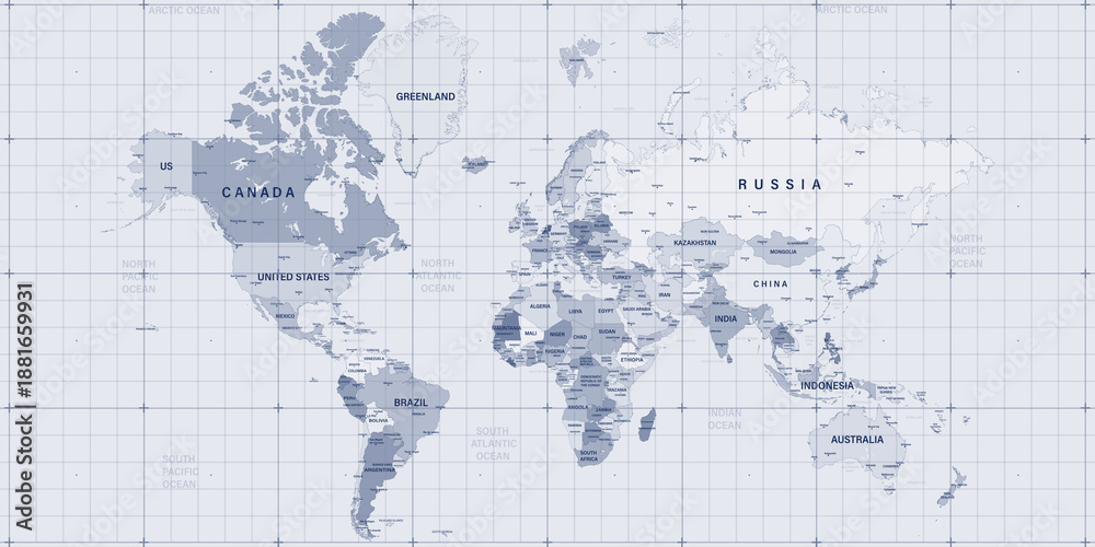 Fototapeta premium World map background overlayed with digital tech grids.