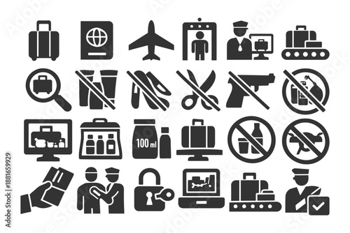 Airport security icon set: prohibited items and regulations.