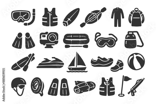Water sports equipment icons featuring rafting, sailing, surfing, diving, and kayaking gear.