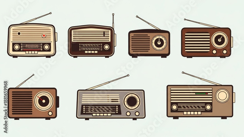 A set of vintage radio illustrations in a flat design style