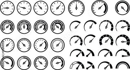 Gauge icon set, black silhouette illustrations, speedometer and dial variations, dashboard theme, vector graphics, performance and UI design