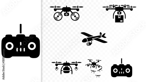 Set of 6 Minimal Drone Technology Icons Isolated White Background Quadcopter Delivery Swarm Controller