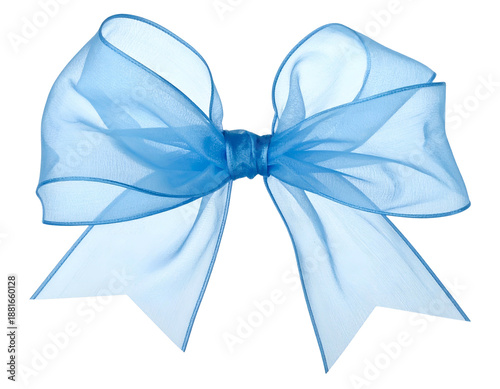 Close-up of a sheer, light blue bow, possibly for decoration, set against a black background