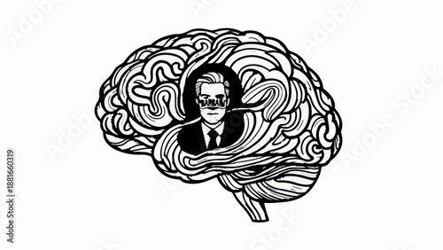 Man in suit trapped inside intricate maze of a human brain, representing complex thoughts or mental struggle.