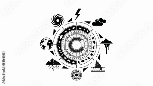 Abstract circular diagram illustrating natural forces and environmental phenomena.
