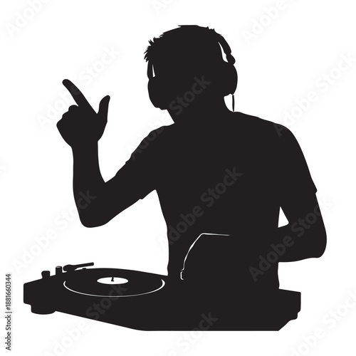 Energetic disc jockey silhouette with headphones performing at a turntable and mixer