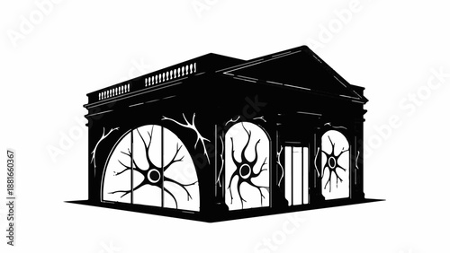 Mysterious silhouette of a building with eerie, organic window designs against a stark white background.